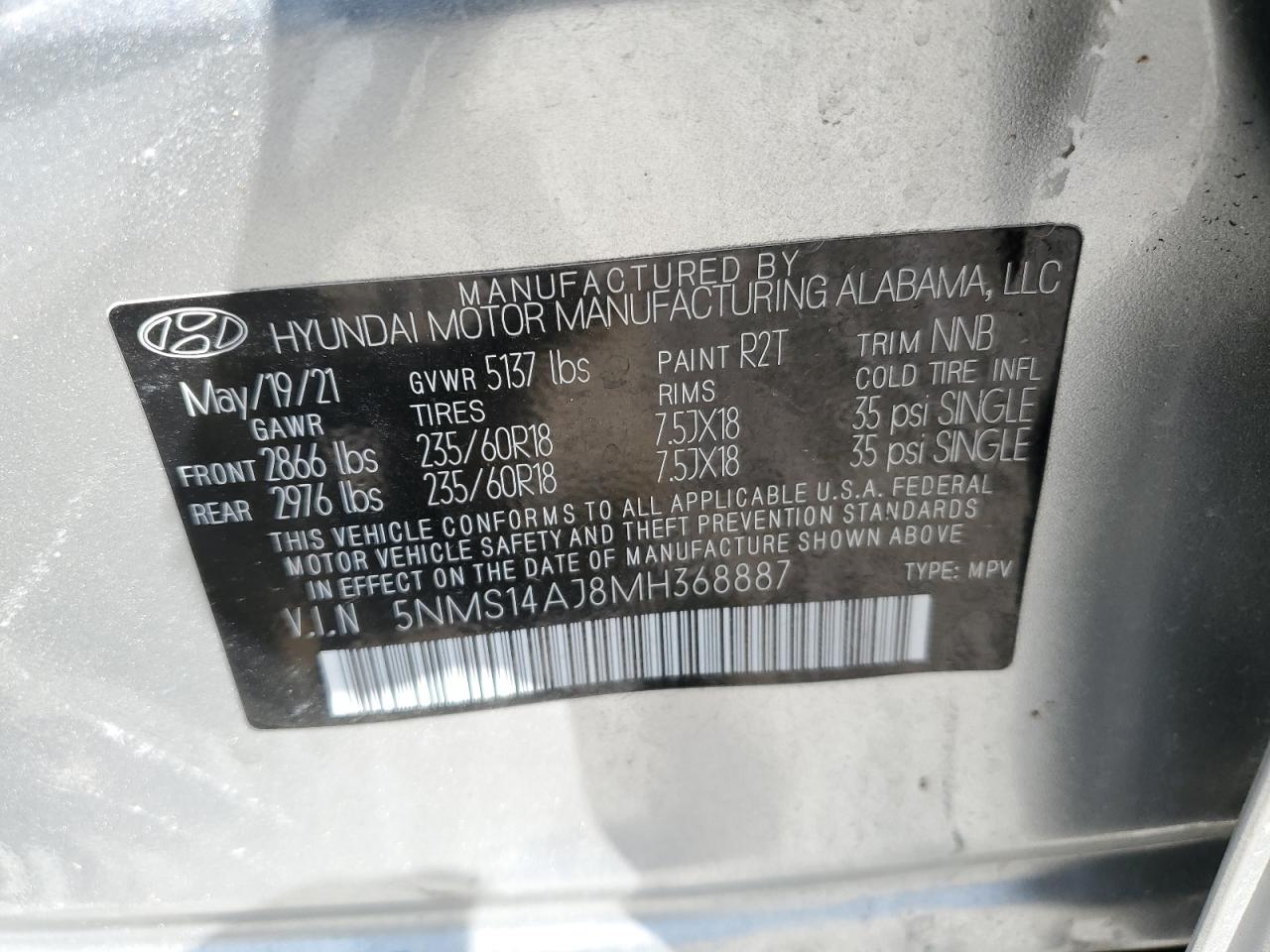 2021 Hyundai Santa Fe Se VIN: 5NMS14AJ8MH368887 Lot: 70666135