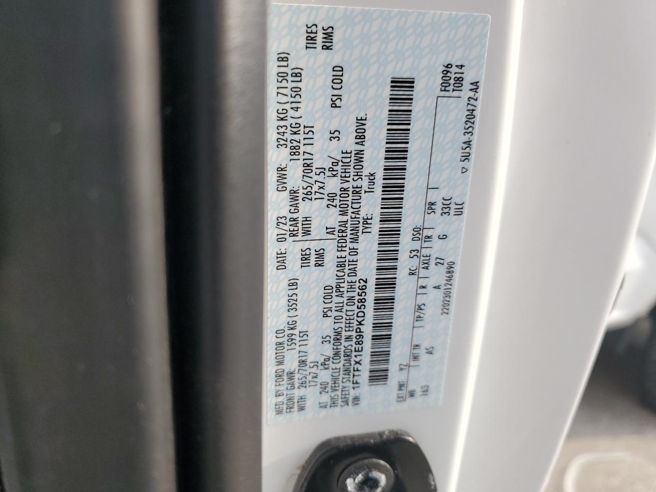 2023 Ford F150 Super Cab VIN: 1FTFX1E89PKD58562 Lot: 71195235