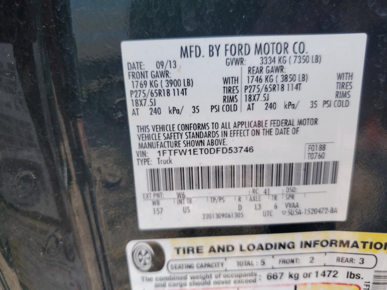 2013 Ford F150 Supercrew VIN: 1FTFW1ET0DFD53746 Lot: 81069365