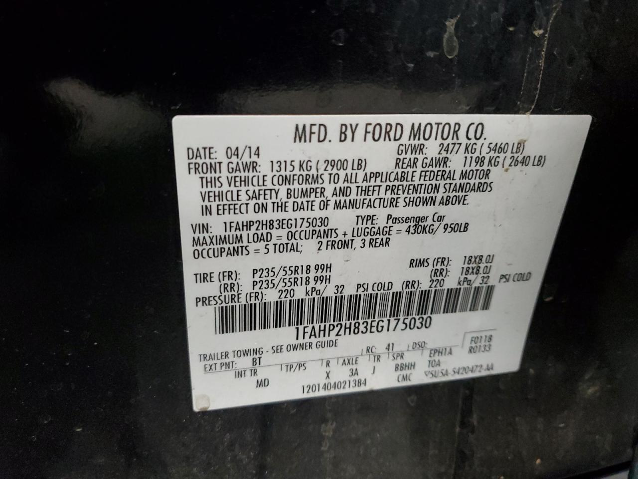 2014 Ford Taurus Sel VIN: 1FAHP2H83EG175030 Lot: 84622835