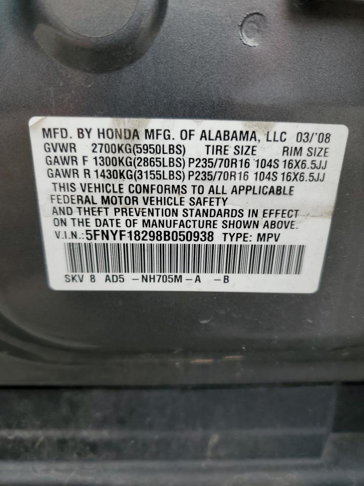 2008 Honda Pilot Vp VIN: 5FNYF18298B050938 Lot: 82038935