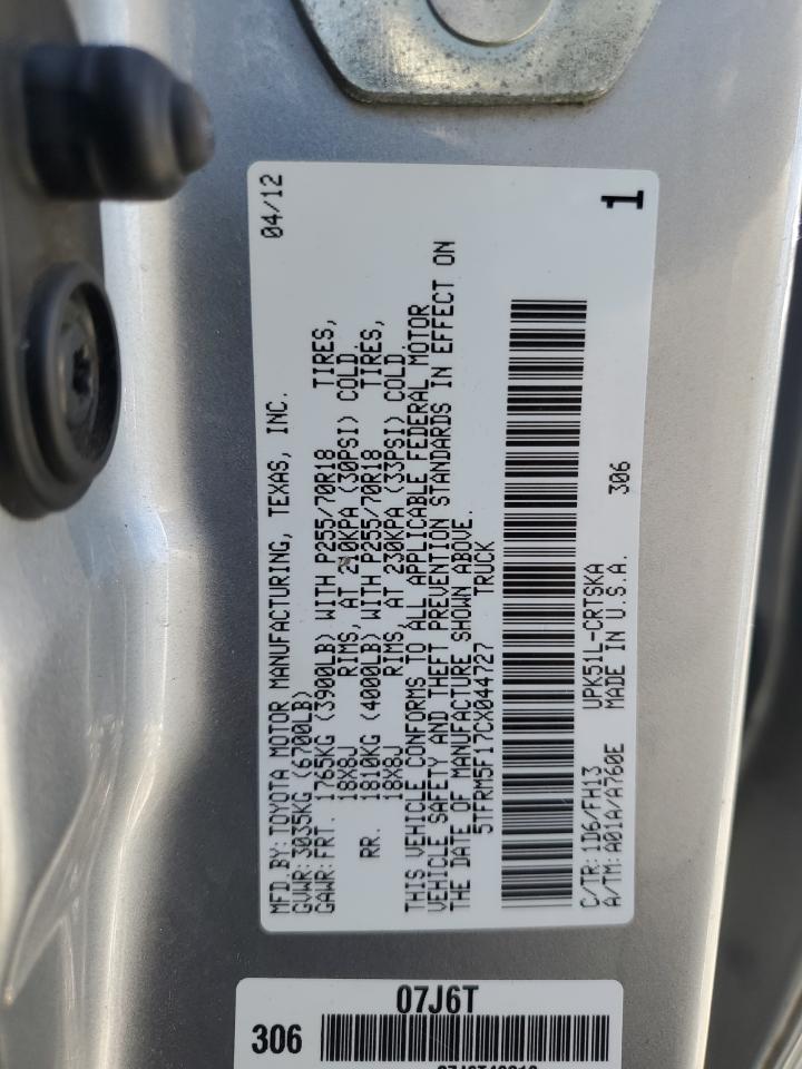 2012 Toyota Tundra Double Cab Sr5 VIN: 5TFRM5F17CX044727 Lot: 81736175