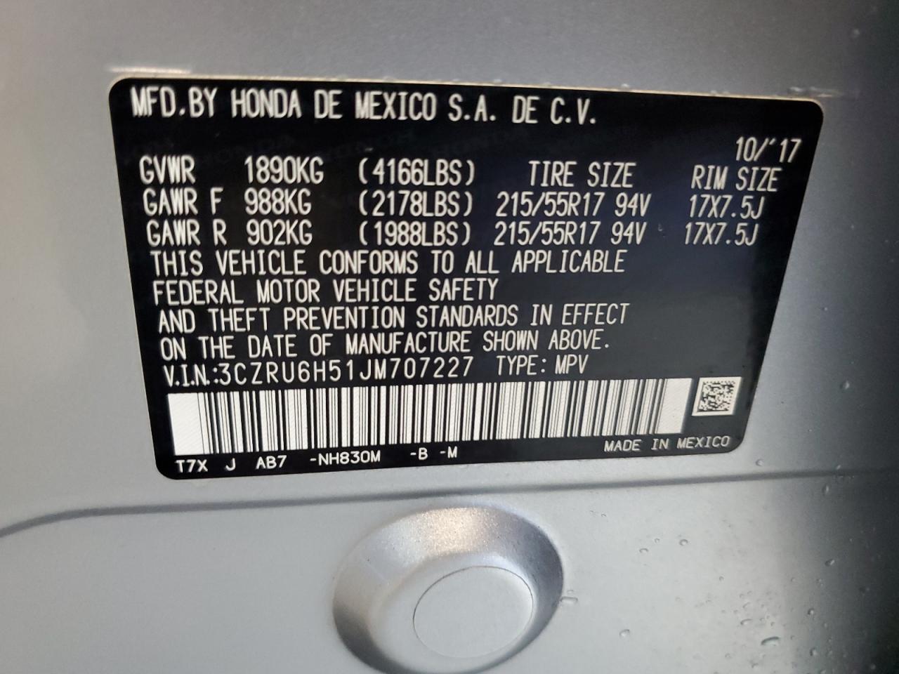 2018 Honda Hr-V Ex VIN: 3CZRU6H51JM707227 Lot: 81705415