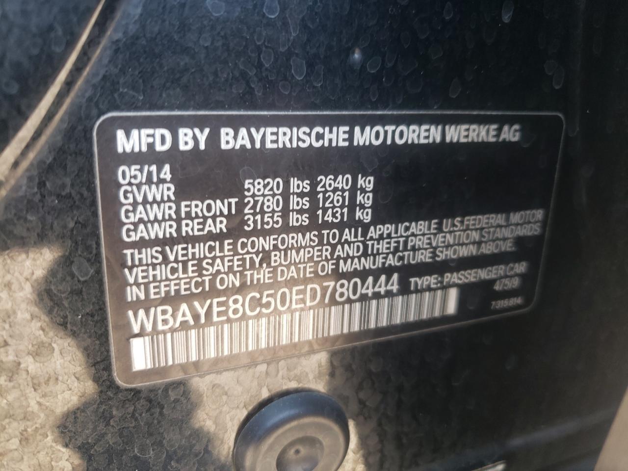 2014 BMW 750 Li VIN: WBAYE8C50ED780444 Lot: 81430935