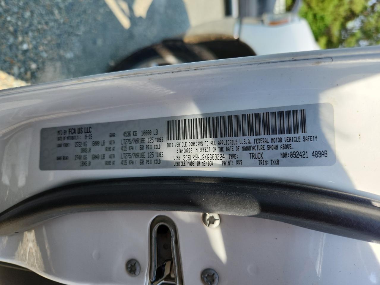 2019 Ram 2500 Tradesman Crew VIN: 3C6UR5HL3KG683224 Lot: 80737235