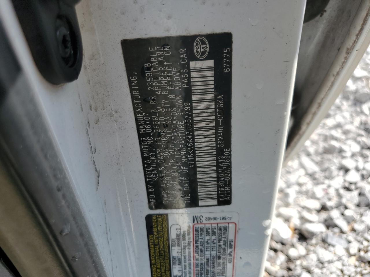 2007 Toyota Camry Le VIN: 4T1BK46K47U557799 Lot: 80314335