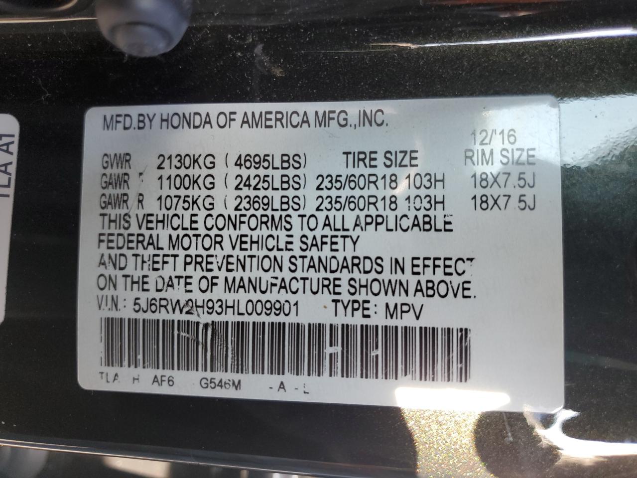 2017 Honda Cr-V Touring VIN: 5J6RW2H93HL009901 Lot: 81667175