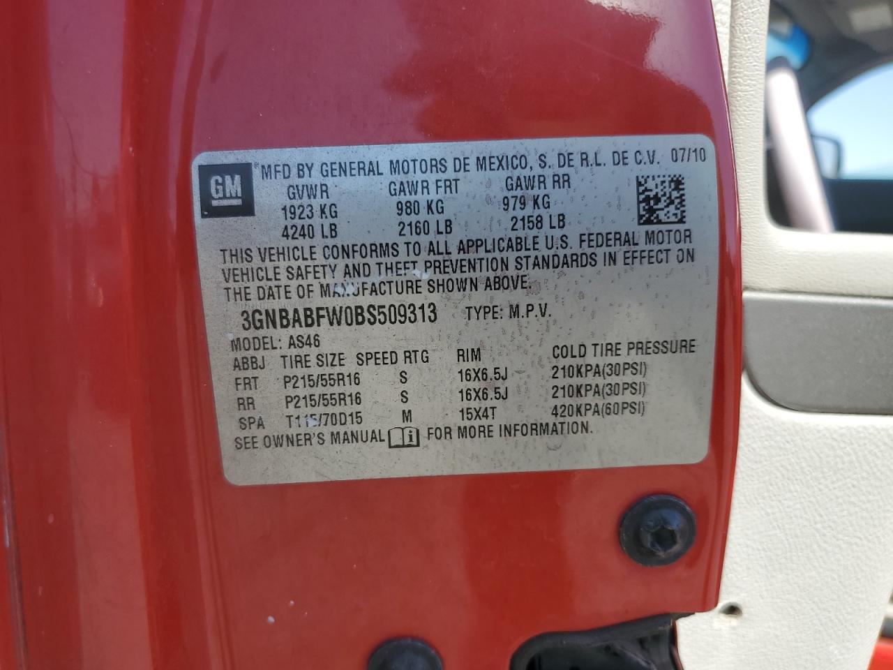 2011 Chevrolet Hhr Lt VIN: 3GNBABFW0BS509313 Lot: 70597755