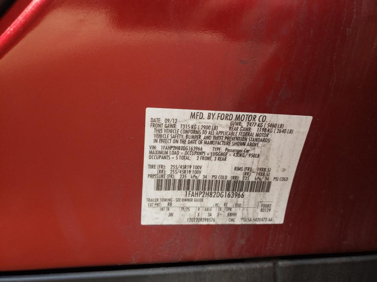 2013 Ford Taurus Sel VIN: 1FAHP2H82DG163966 Lot: 72057505