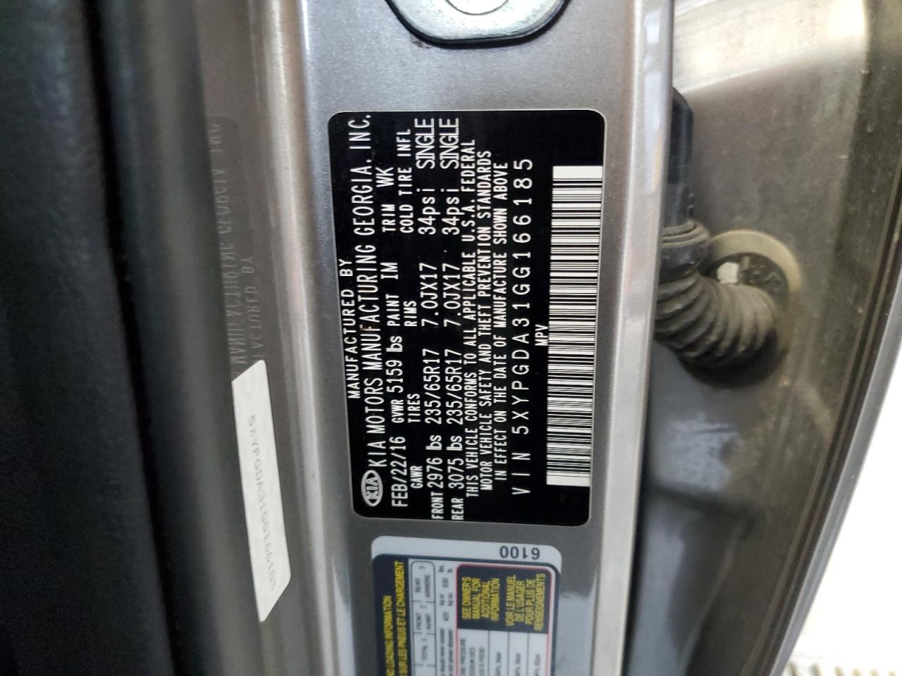 2016 Kia Sorento Lx VIN: 5XYPGDA31GG166185 Lot: 84256845