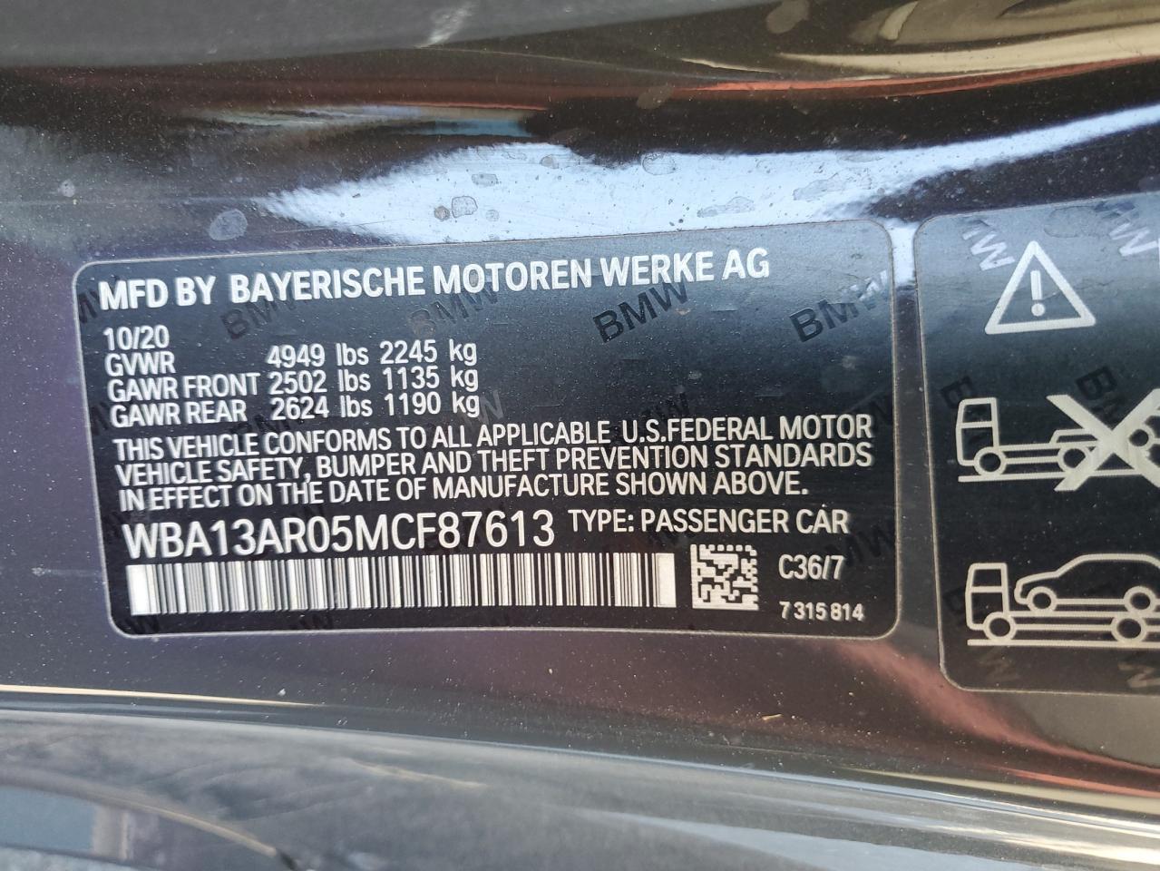 2021 BMW M440Xi VIN: WBA13AR05MCF87613 Lot: 71849675