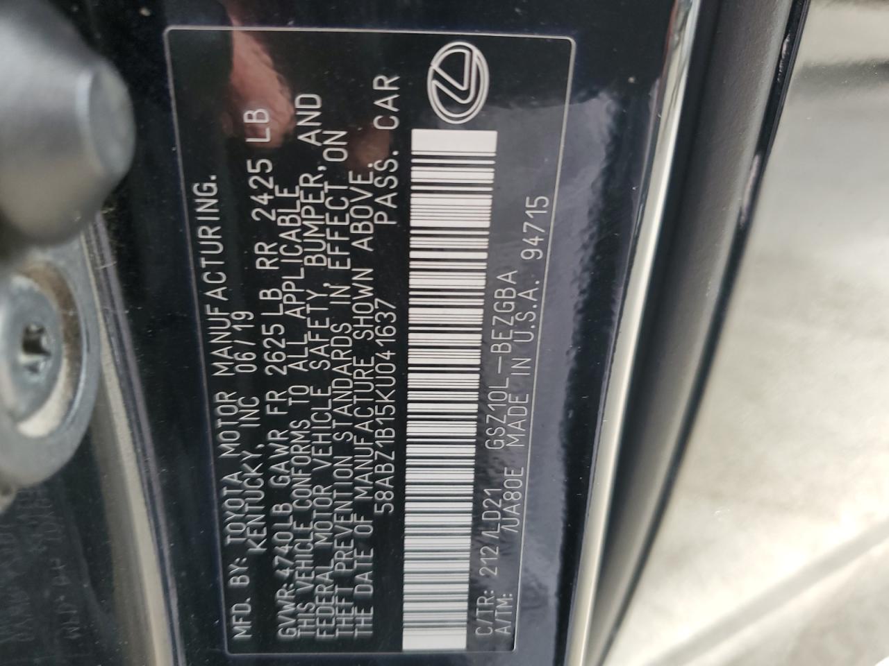 2019 Lexus Es 350 VIN: 58ABZ1B15KU041637 Lot: 81549595