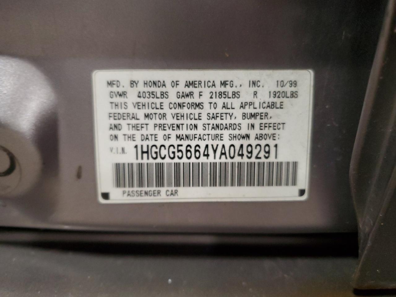 2000 Honda Accord Ex VIN: 1HGCG5664YA049291 Lot: 81418595