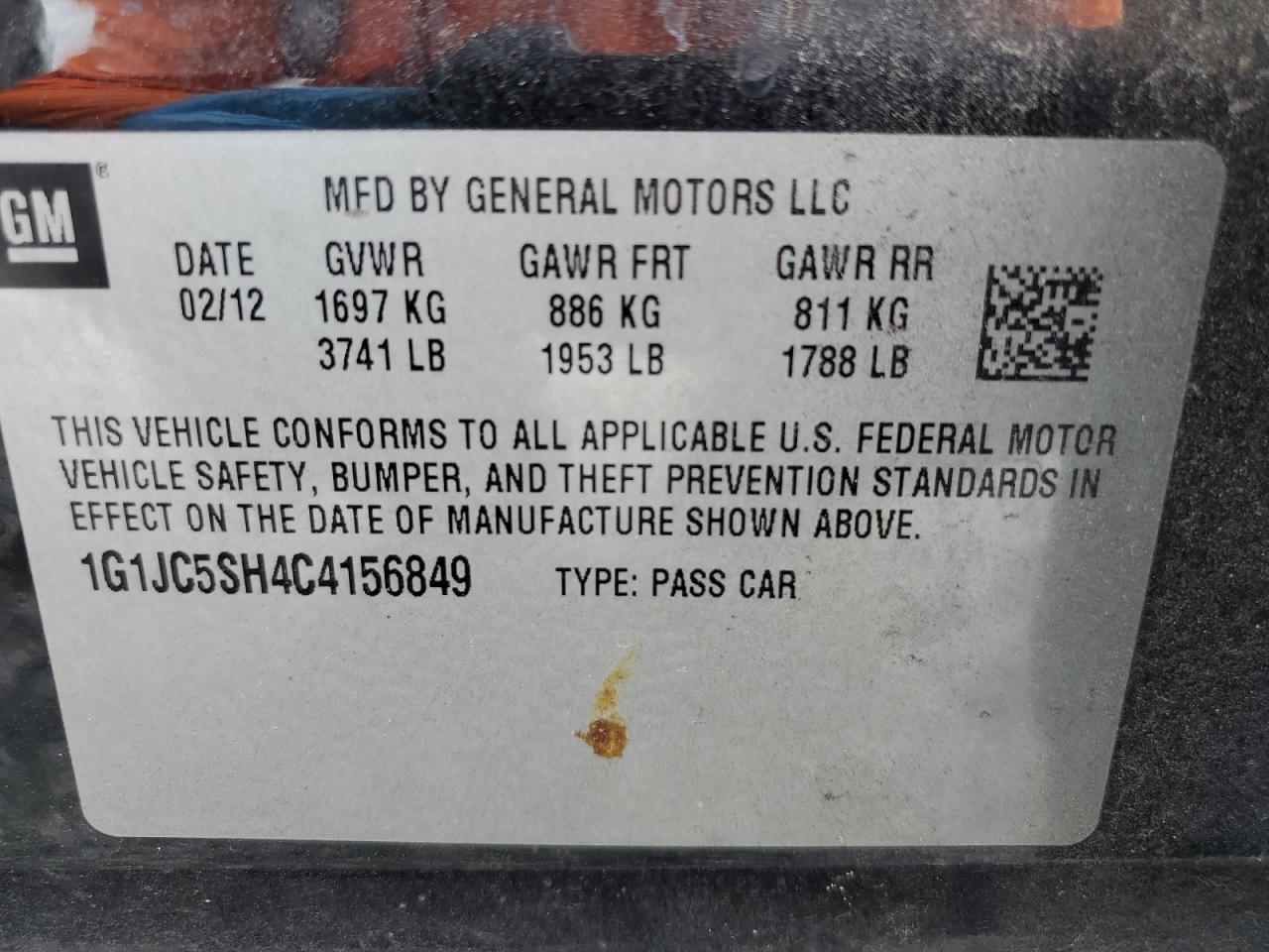 2012 Chevrolet Sonic Lt VIN: 1G1JC5SH4C4156849 Lot: 80244705