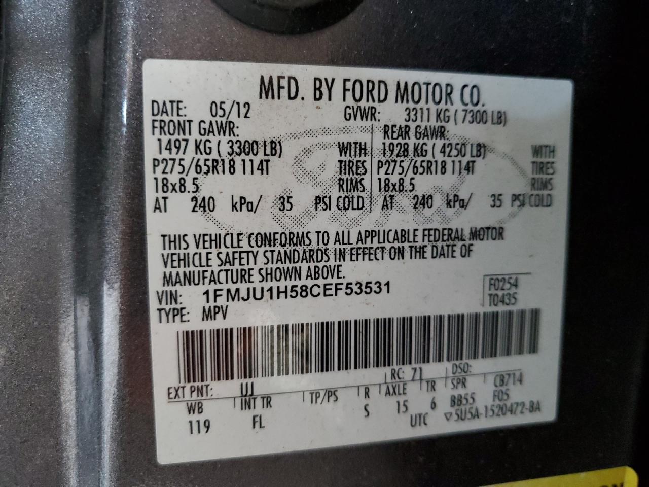 2012 Ford Expedition Xlt VIN: 1FMJU1H58CEF53531 Lot: 71962265