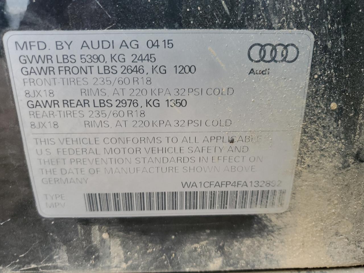 2015 Audi Q5 Premium VIN: WA1CFAFP4FA132892 Lot: 81445795