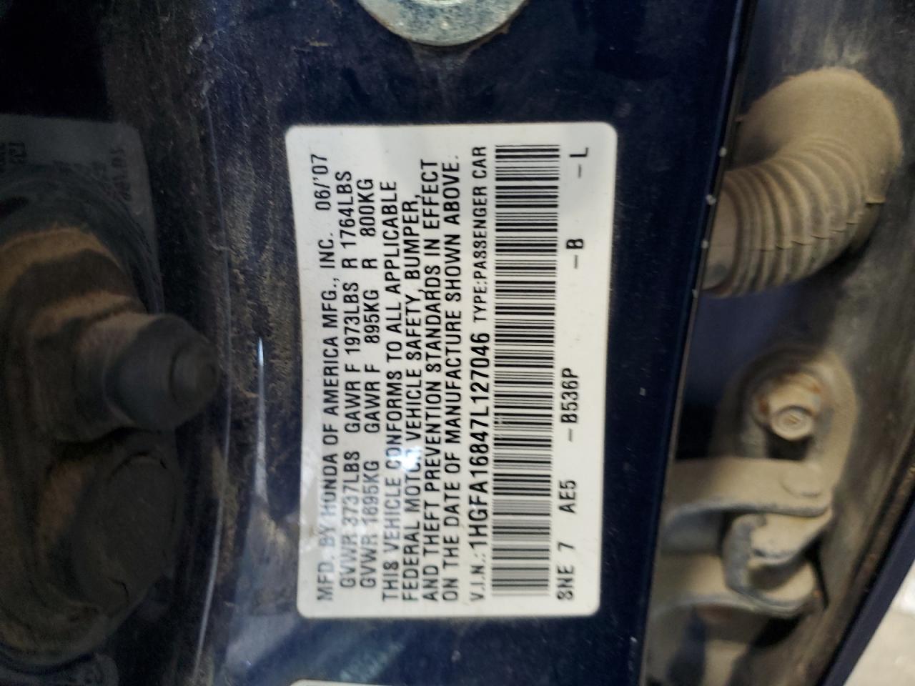 2007 Honda Civic Ex VIN: 1HGFA16847L127046 Lot: 71113025