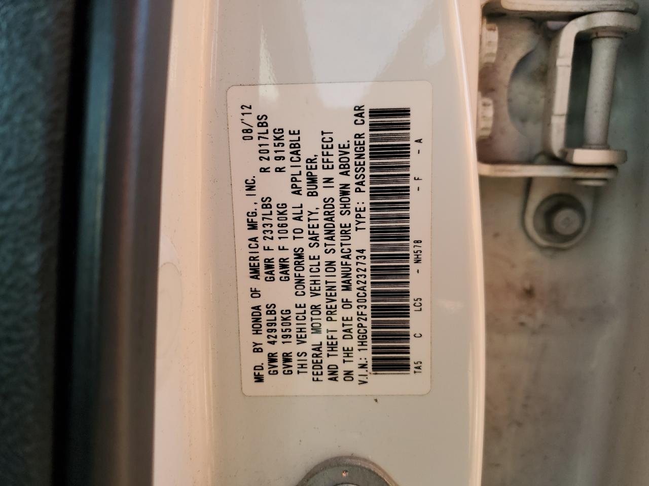 2012 Honda Accord Lx VIN: 1HGCP2F30CA232734 Lot: 80159735