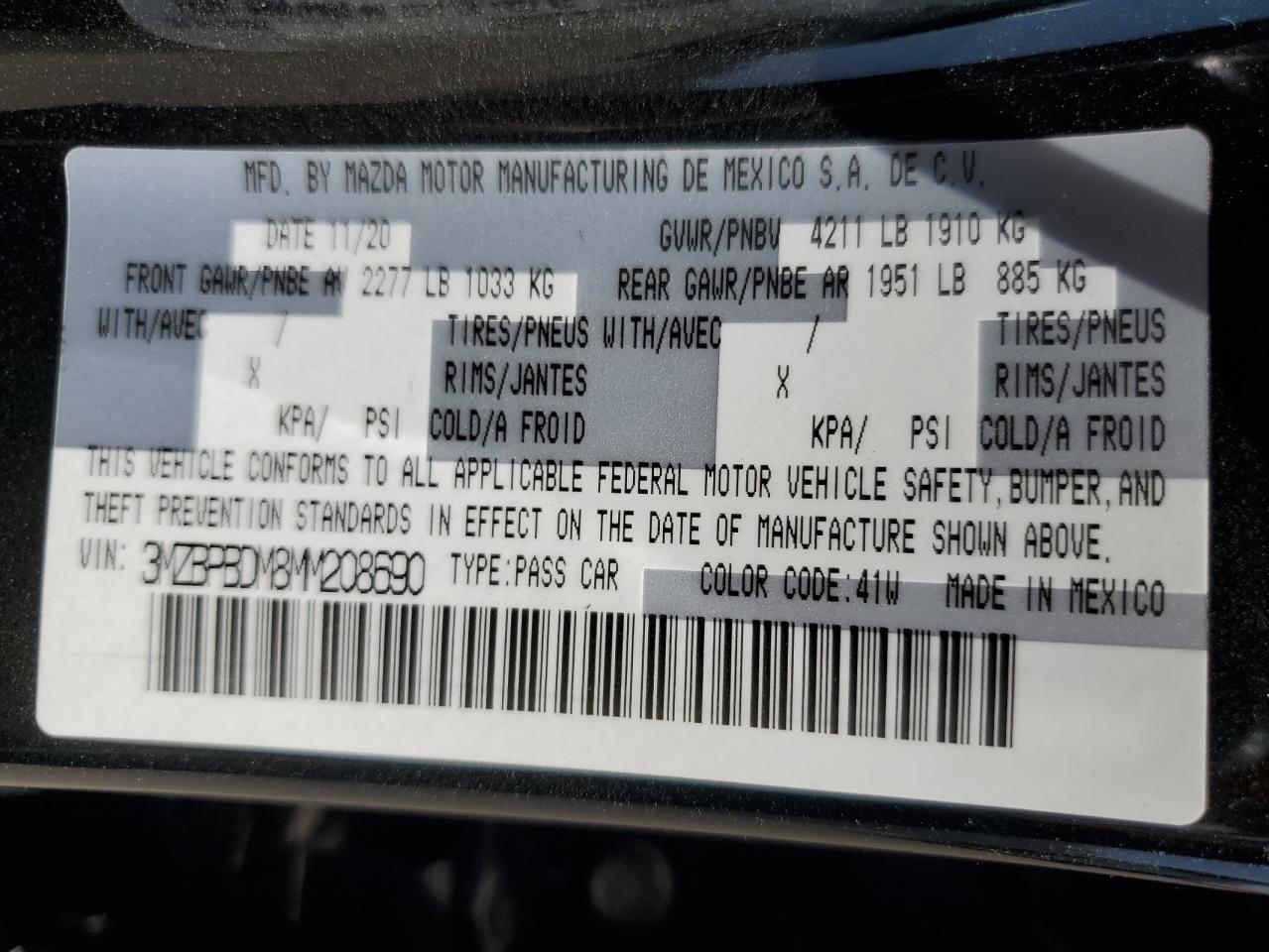 2021 Mazda 3 Premium VIN: 3MZBPBDM8MM208690 Lot: 72099375