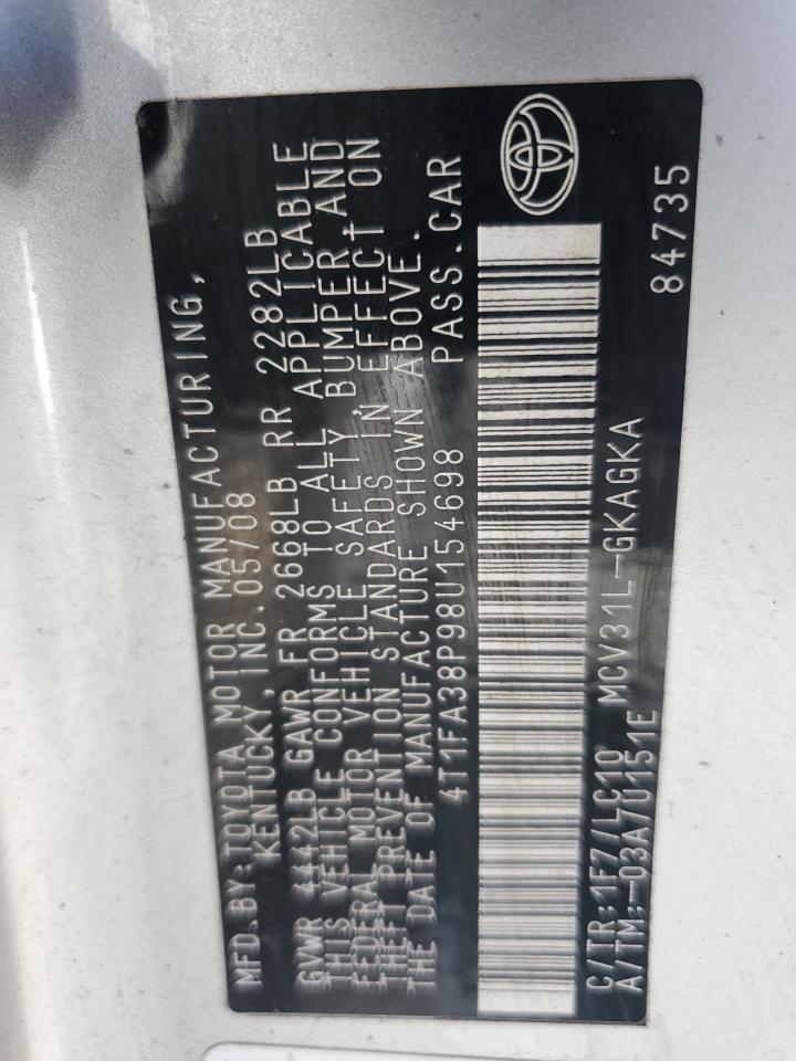 2008 Toyota Camry Solara Se VIN: 4T1FA38P98U154698 Lot: 80663325