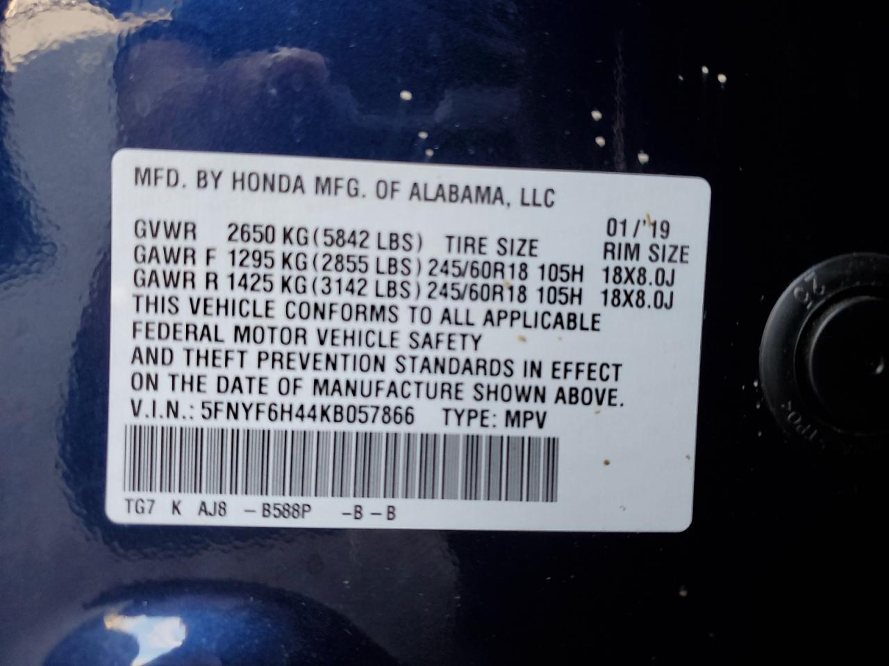 2019 Honda Pilot Exl VIN: 5FNYF6H44KB057866 Lot: 81793675