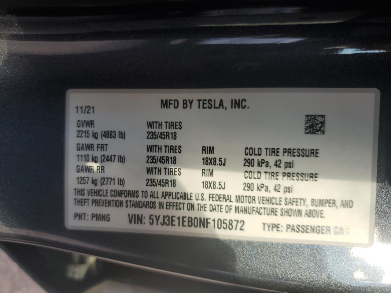 2022 Tesla Model 3 VIN: 5YJ3E1EB0NF105872 Lot: 84214625