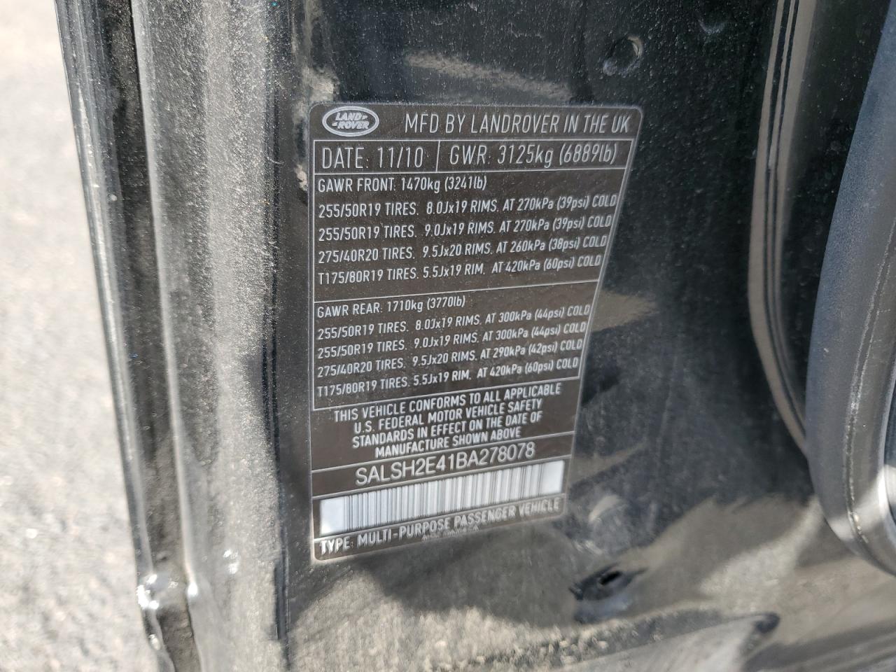 2011 Land Rover Range Rover Sport Sc VIN: SALSH2E41BA278078 Lot: 80185365