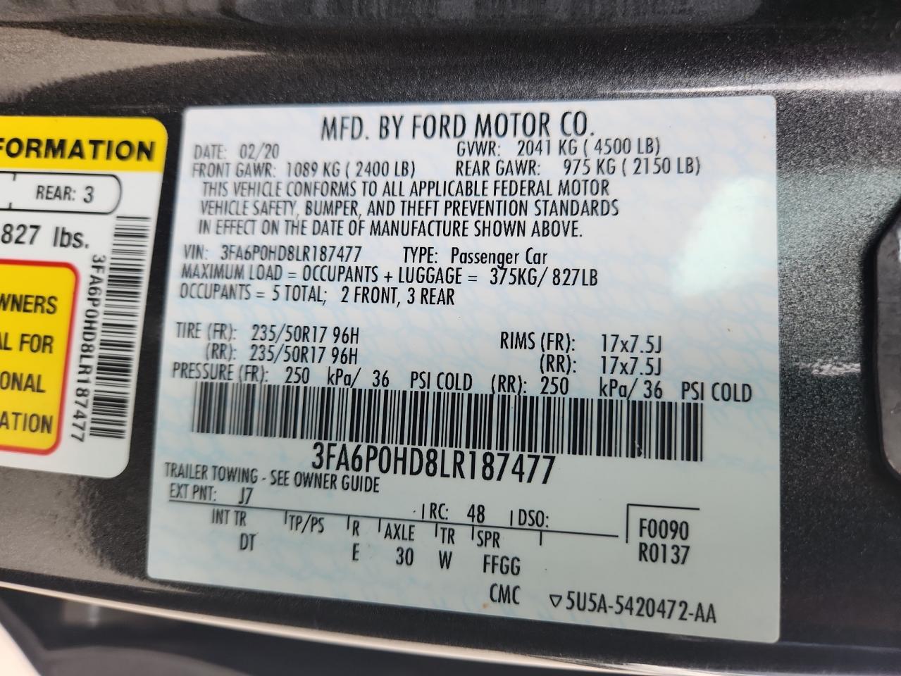 2020 Ford Fusion Se VIN: 3FA6P0HD8LR187477 Lot: 81946645