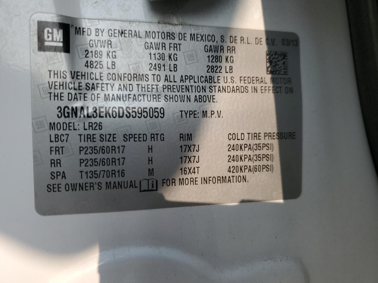 2013 Chevrolet Captiva Lt VIN: 3GNAL3EK6DS595059 Lot: 71456975