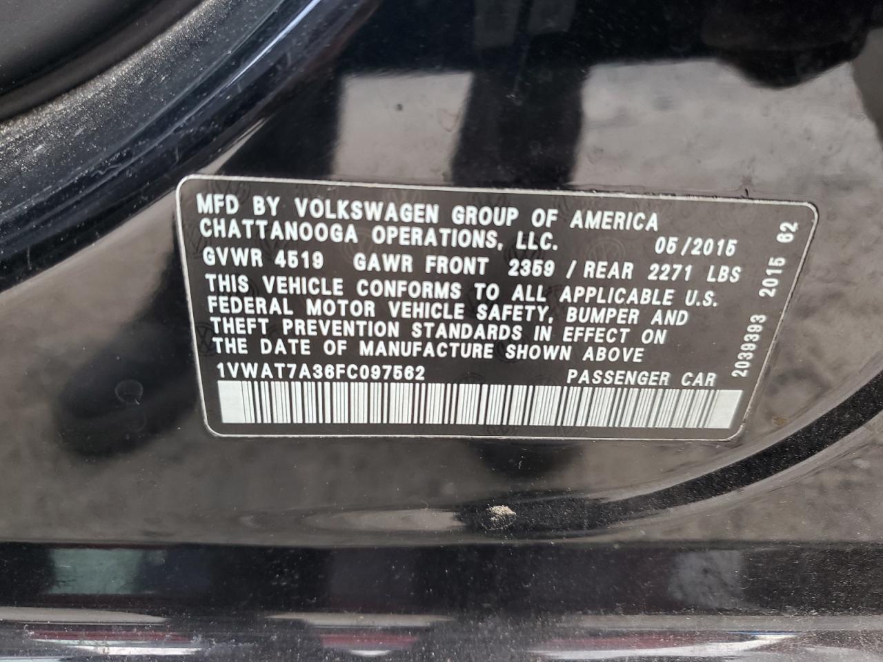 2015 Volkswagen Passat S VIN: 1VWAT7A36FC097562 Lot: 81936535