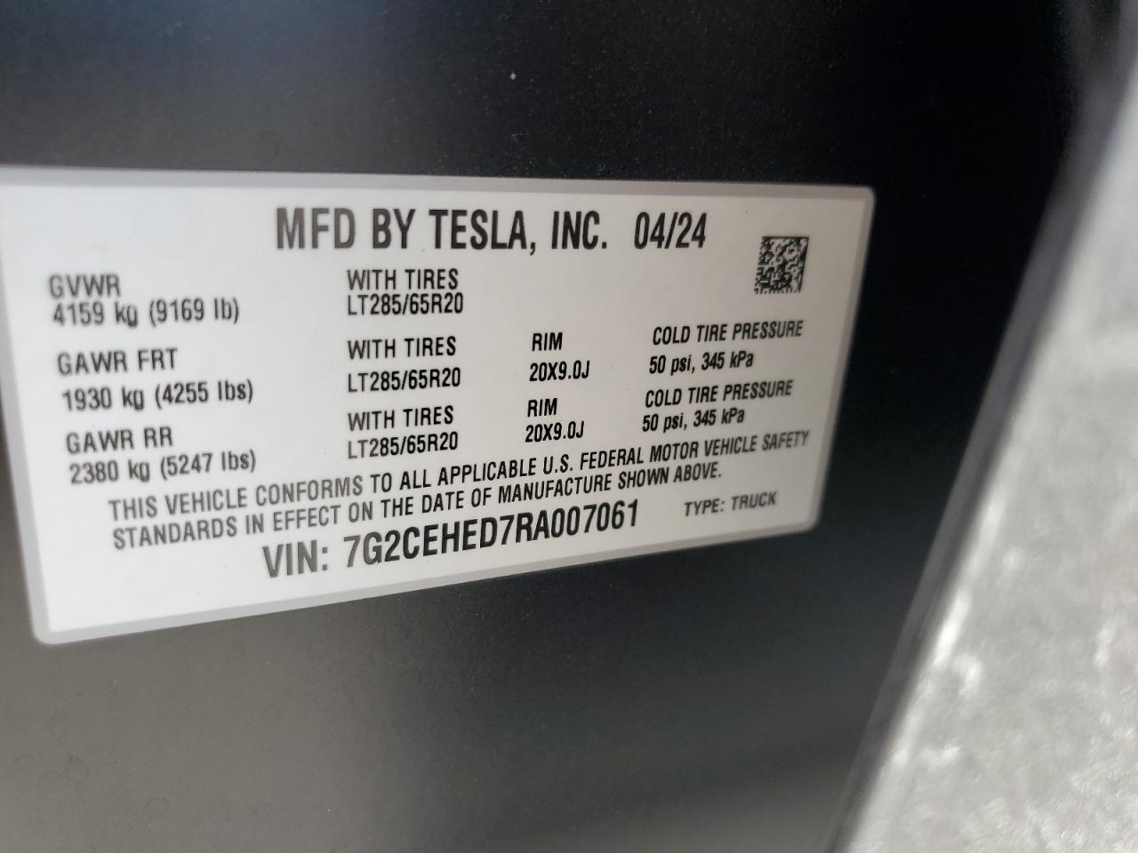 2024 Tesla Cybertruck VIN: 7G2CEHED7RA007061 Lot: 71506935