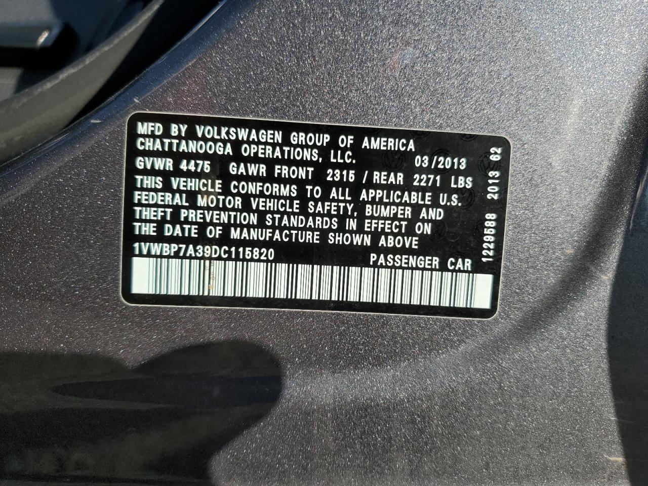 2013 Volkswagen Passat Se VIN: 1VWBP7A39DC115820 Lot: 70884755