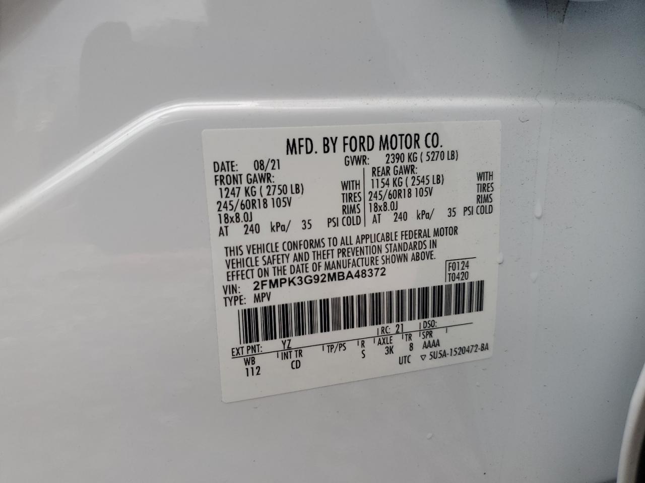 2021 Ford Edge Se VIN: 2FMPK3G92MBA48372 Lot: 84010195