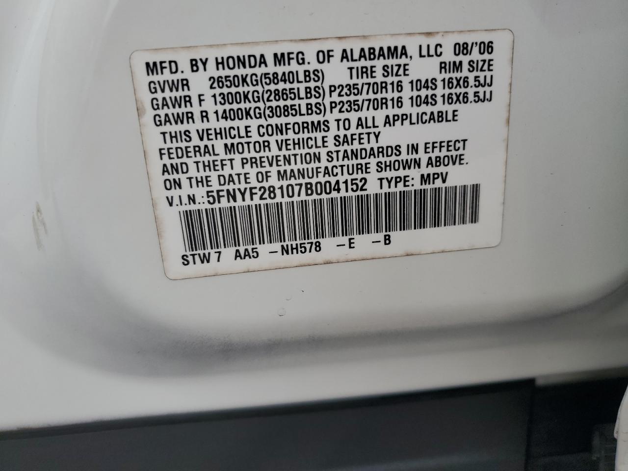 2007 Honda Pilot Lx VIN: 5FNYF28107B004152 Lot: 84052695