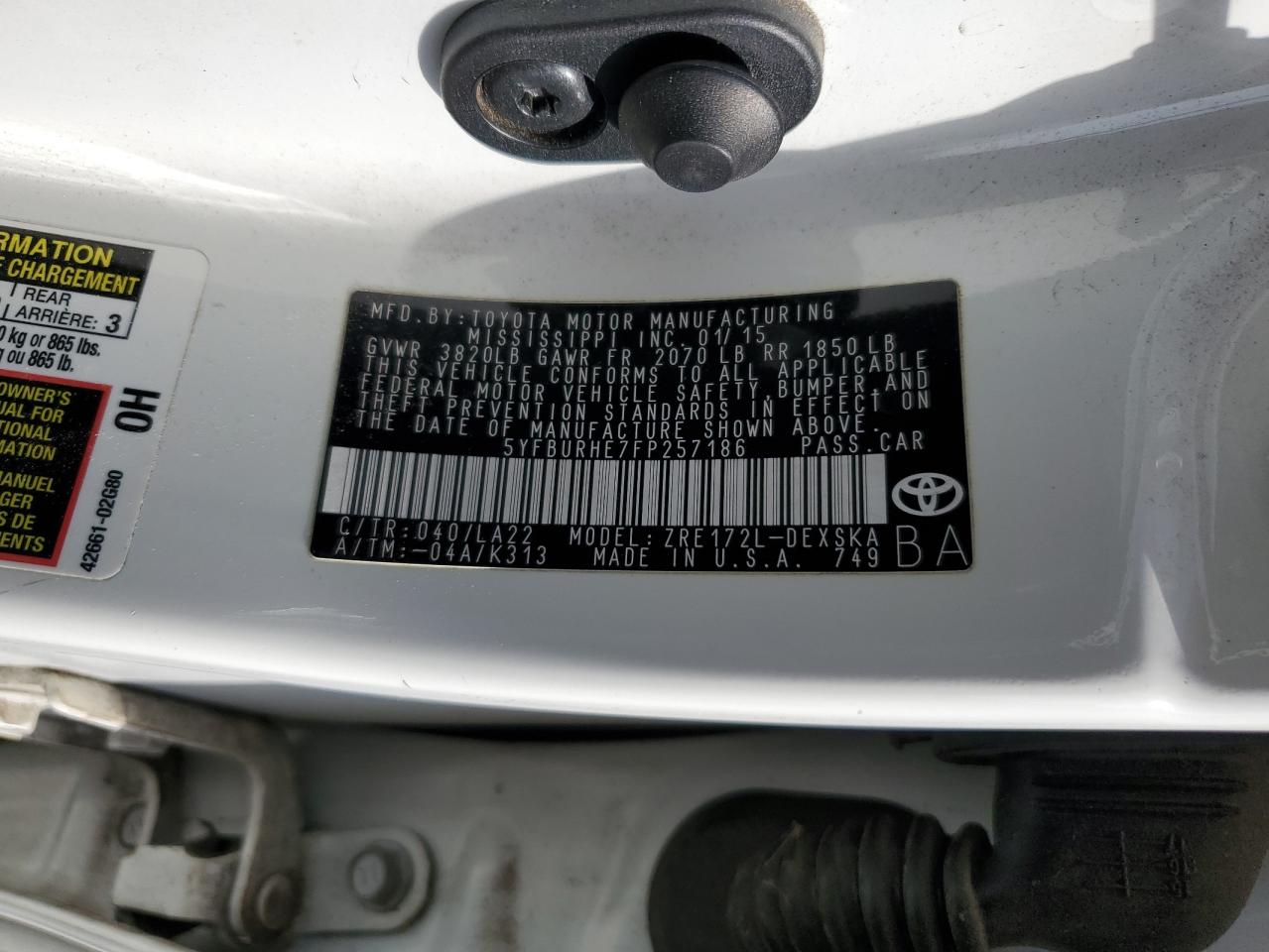 2015 Toyota Corolla L VIN: 5YFBURHE7FP257186 Lot: 71322115