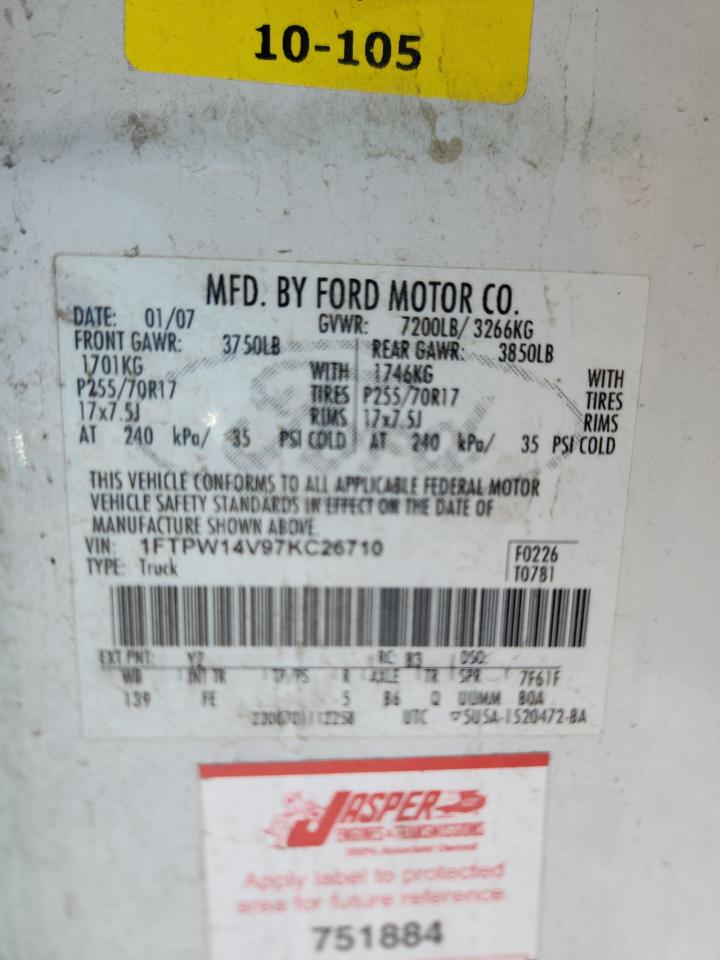 2007 Ford F150 Supercrew VIN: 1FTPW14V97KC26710 Lot: 81043525