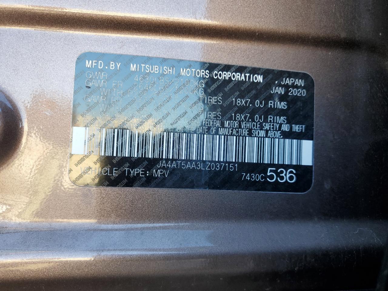 2020 Mitsubishi Eclipse Cross Se VIN: JA4AT5AA3LZ037151 Lot: 70053995