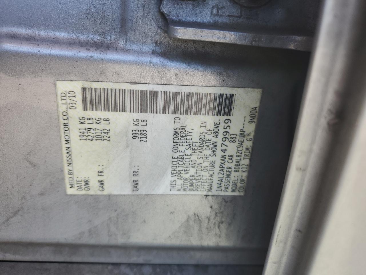 2010 Nissan Altima Base VIN: 1N4AL2APXAN479959 Lot: 84406325