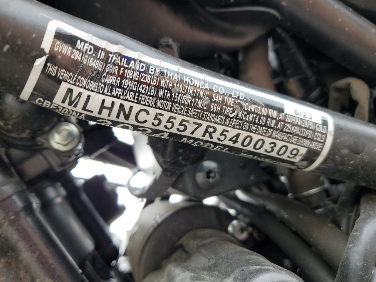 2024 Honda Cbf300 Na VIN: MLHNC5557R5400309 Lot: 71362795