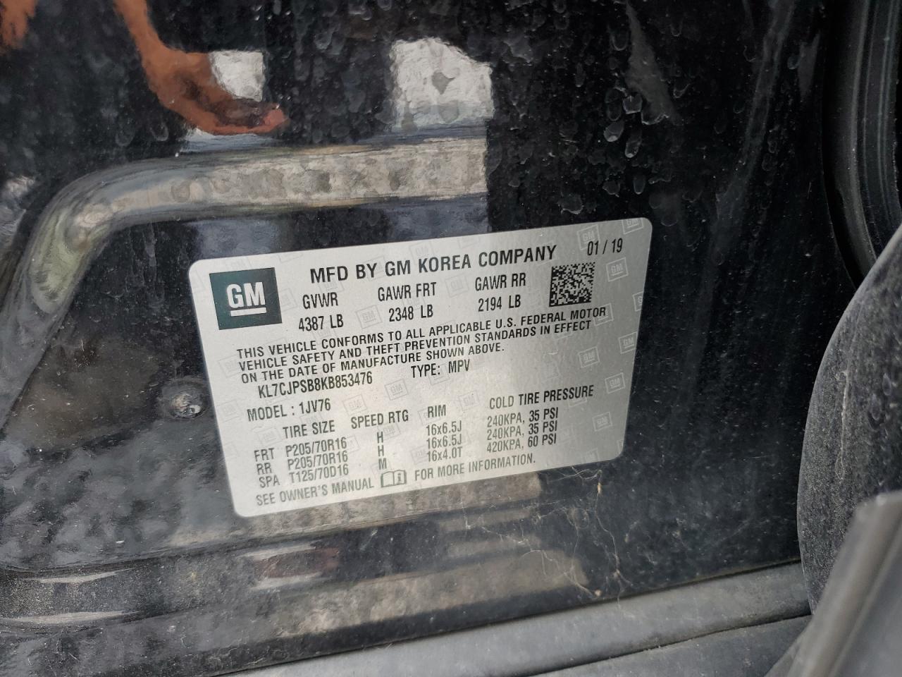 2019 Chevrolet Trax 1Lt VIN: KL7CJPSB8KB853476 Lot: 80907605