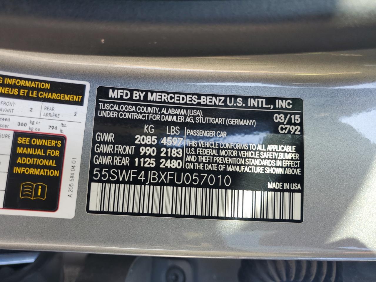 2015 Mercedes-Benz C 300 VIN: 55SWF4JBXFU057010 Lot: 81761395