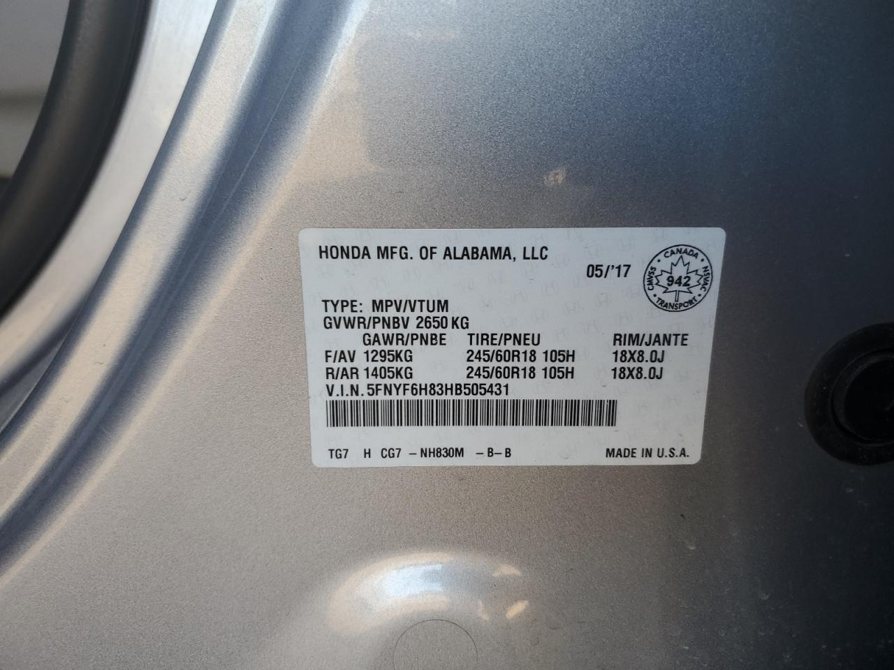 2017 Honda Pilot Exl VIN: 5FNYF6H83HB505431 Lot: 70898645