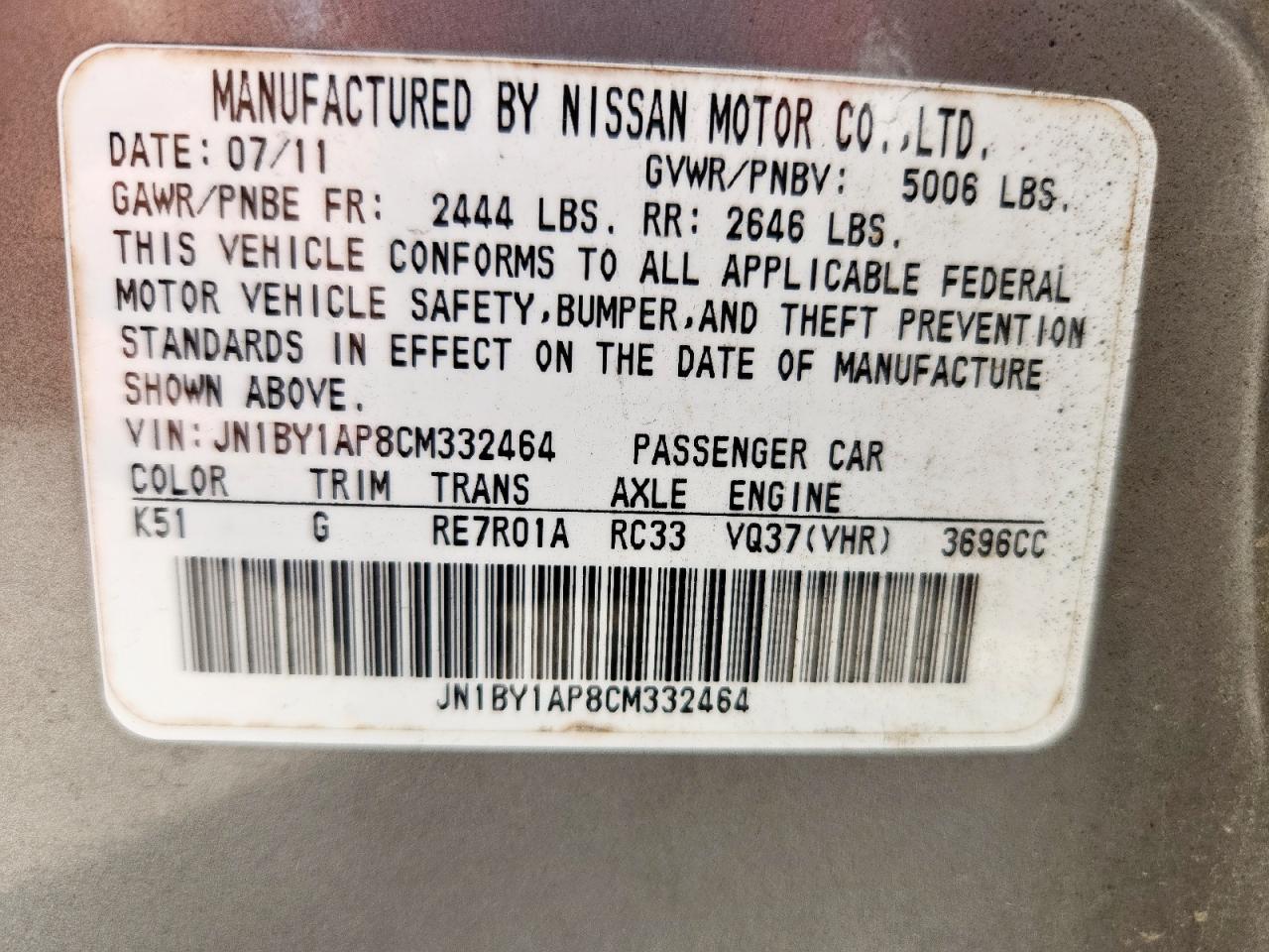 2012 Infiniti M37 VIN: JN1BY1AP8CM332464 Lot: 81758135