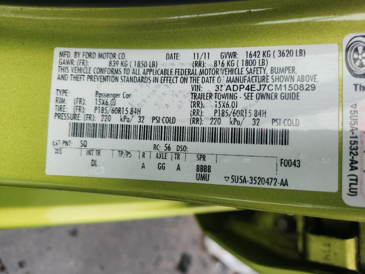 2012 Ford Fiesta Se VIN: 3FADP4EJ7CM150829 Lot: 81523645