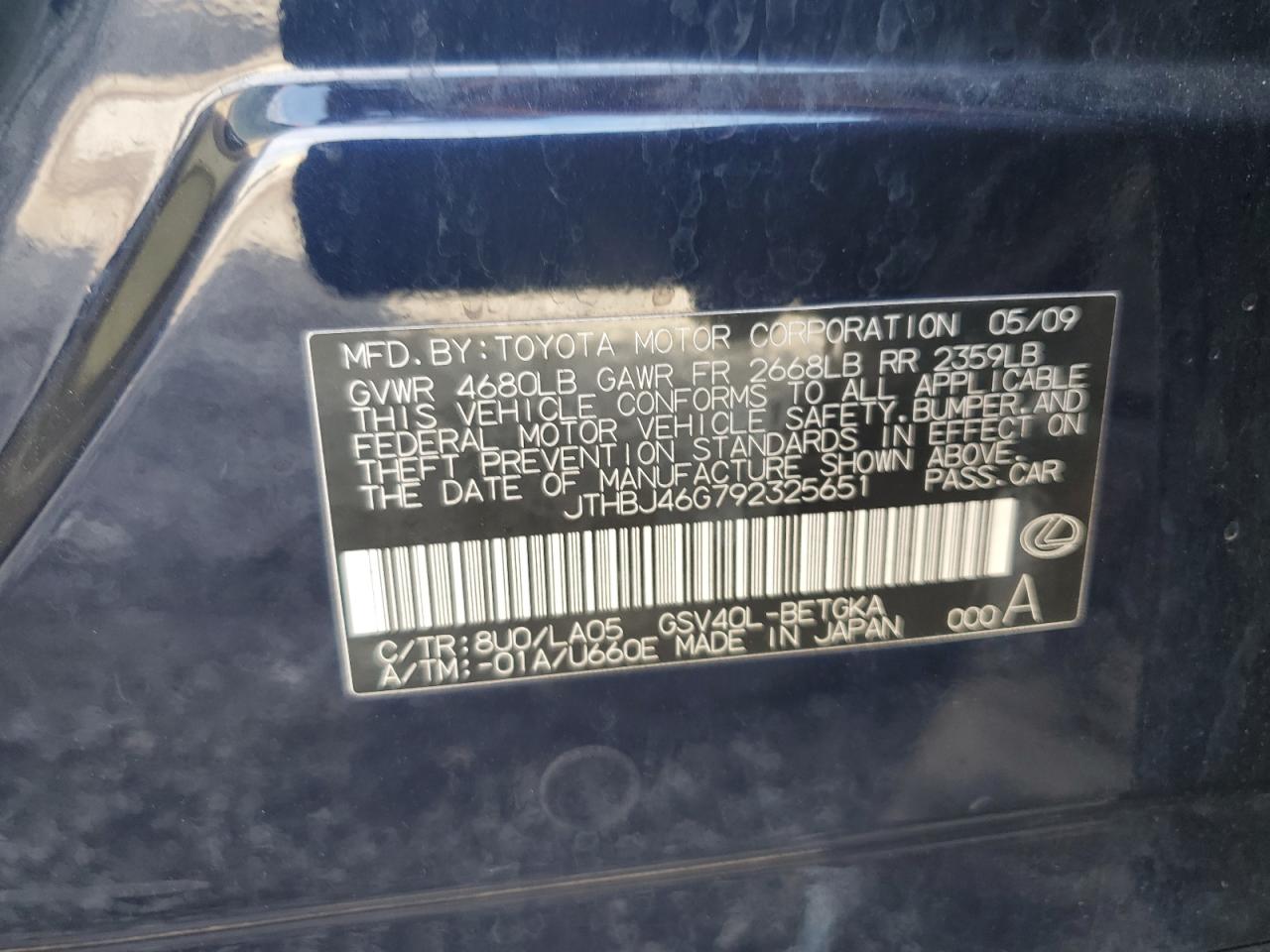 2009 Lexus Es 350 VIN: JTHBJ46G792325651 Lot: 81764975