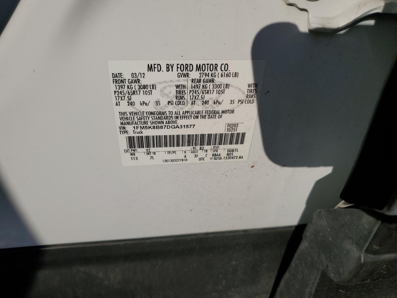 2013 Ford Explorer VIN: 1FM5K8B87DGA31577 Lot: 70944285