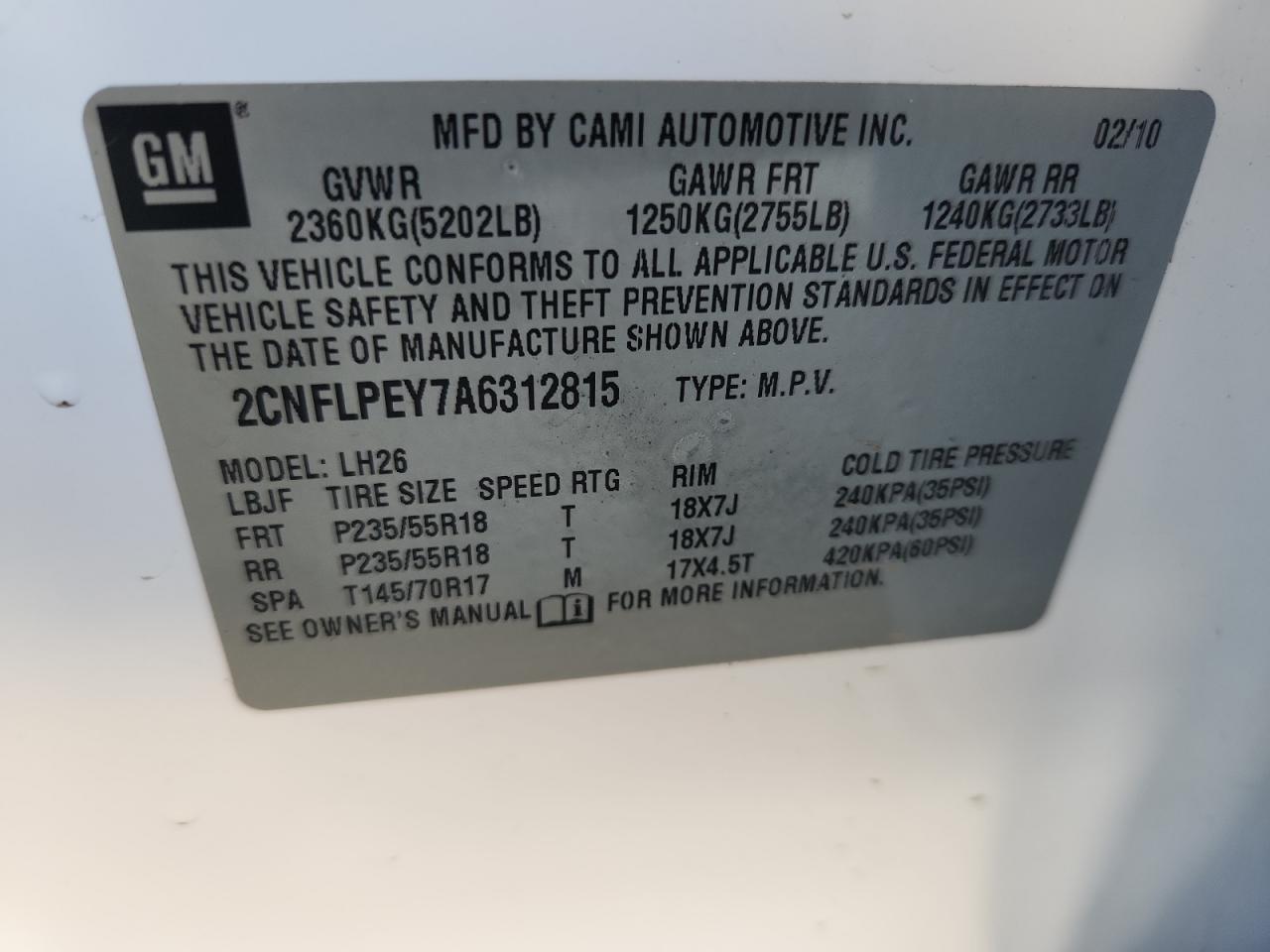 2010 Chevrolet Equinox Lt VIN: 2CNFLPEY7A6312815 Lot: 81063945