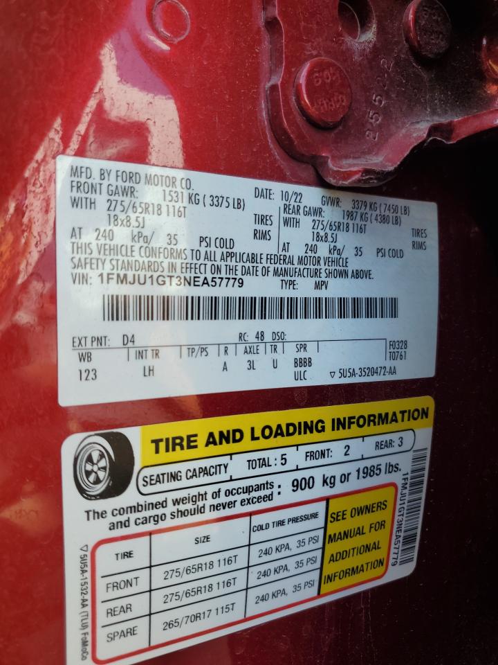 2022 Ford Expedition Xl VIN: 1FMJU1GT3NEA57779 Lot: 81194235