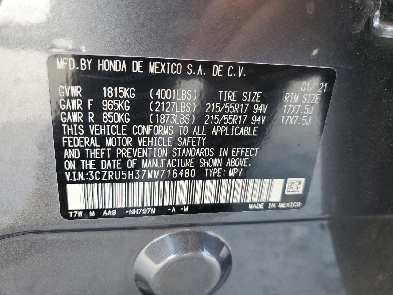 2021 Honda Hr-V Lx VIN: 3CZRU5H37MM716480 Lot: 70750425