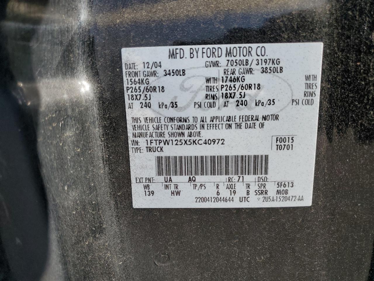 2005 Ford F150 Supercrew VIN: 1FTPW125X5KC40972 Lot: 81341145